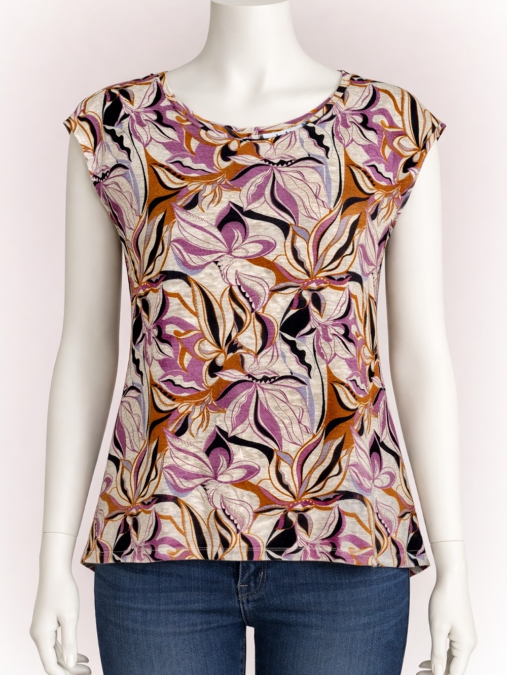 Nicole Miller Women’s Multicolor Floral Round Neck Short Sleeve Linen Blouse L